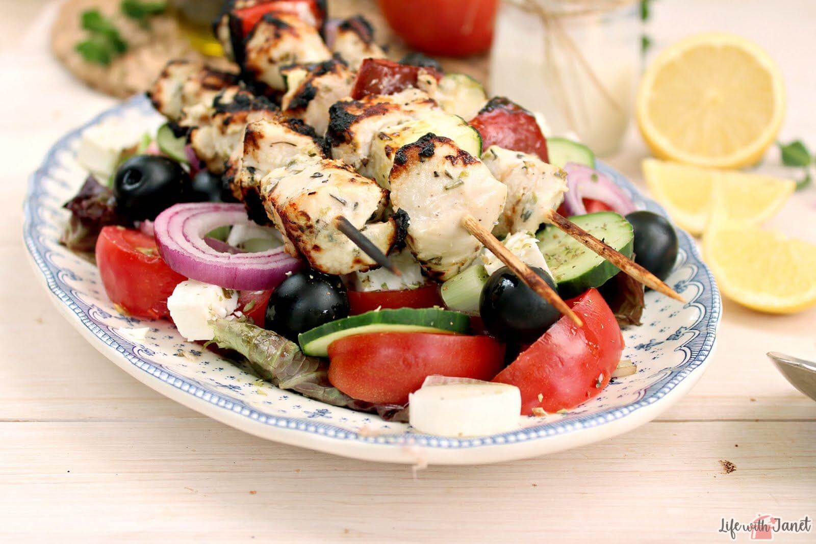 CHICKEN SOUVLAKI KABOBS + GREEK SALAD