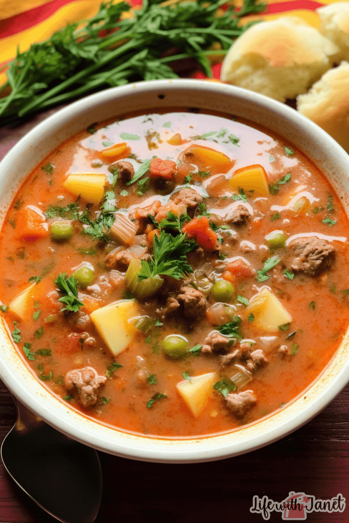 Close-up of a steaming bowl of vegetable beef soup, highlighting melt-in-your-mouth beef and vibrant vegetables, served on a rustic wooden table.