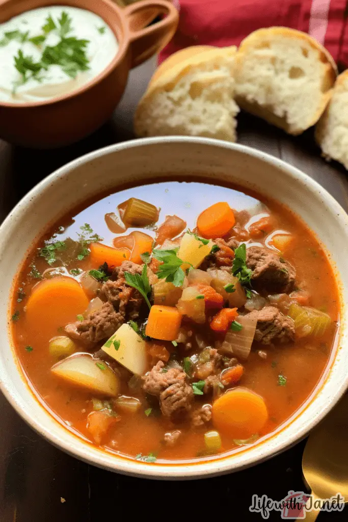 Hearty vegetable beef soup with tender beef chunks, colorful vegetables, and a rich aromatic broth.