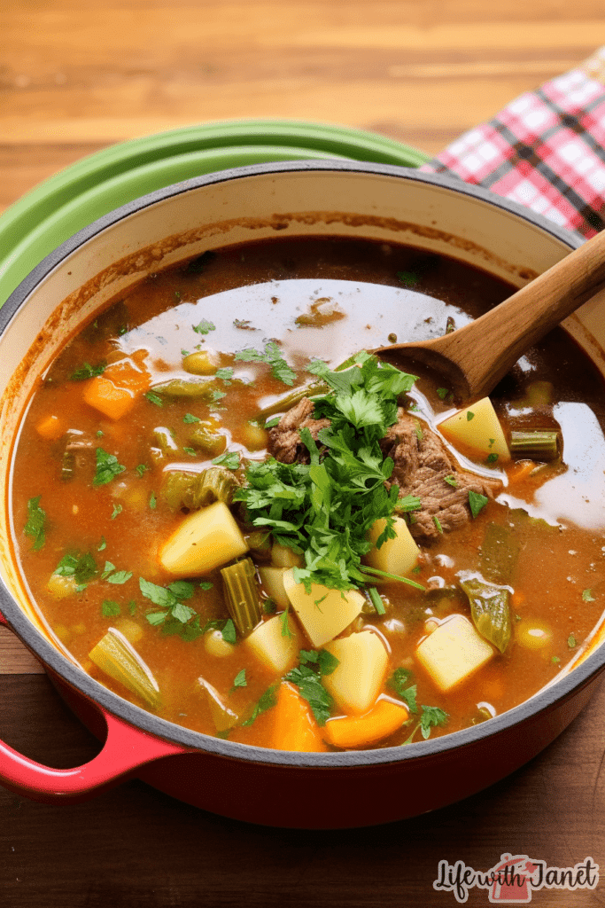 Close-up of a steaming bowl of vegetable beef soup, highlighting melt-in-your-mouth beef and vibrant vegetables, served on a rustic wooden table.