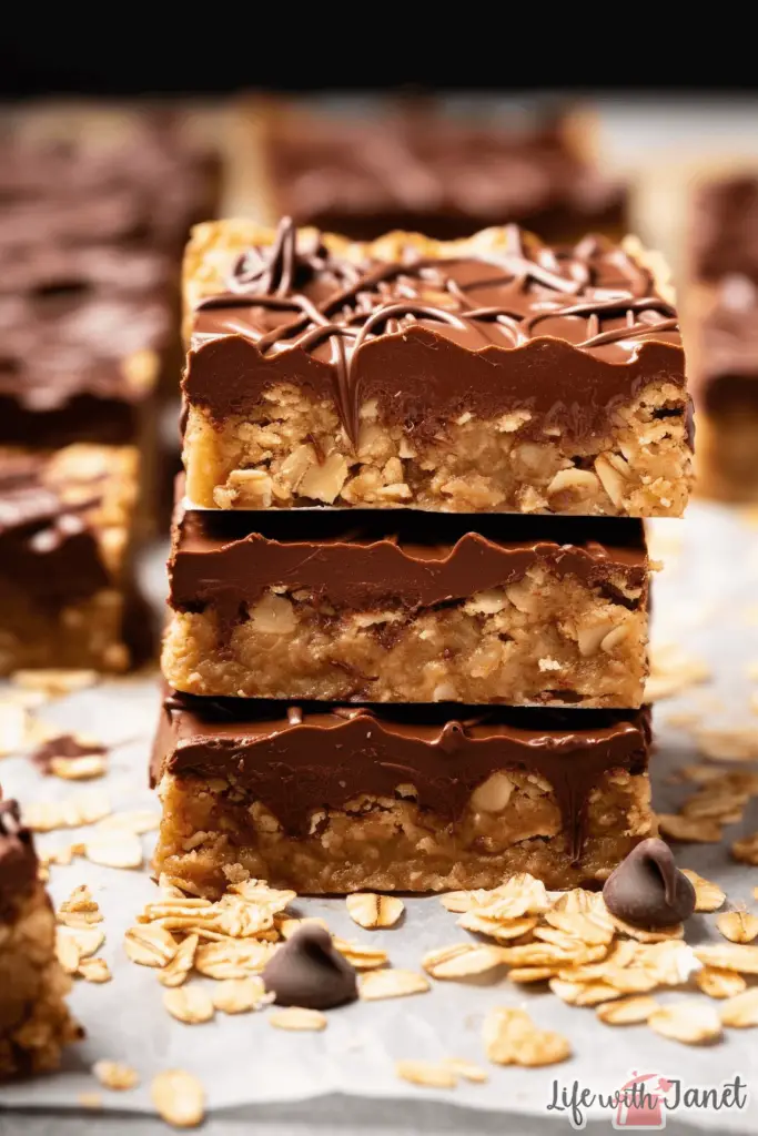A plate of no-bake chocolate oat bars, highlighting the contrast between the chewy oat base and the smooth chocolate layer.