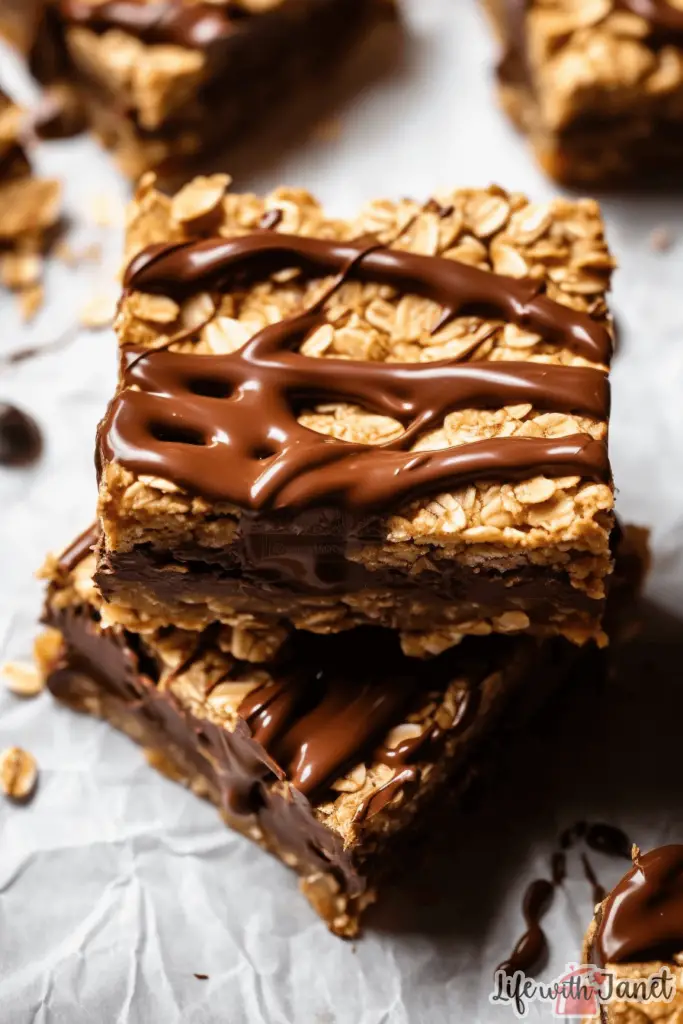 Decadent no-bake chocolate oat bars neatly stacked, showcasing layers of oats and rich chocolate.