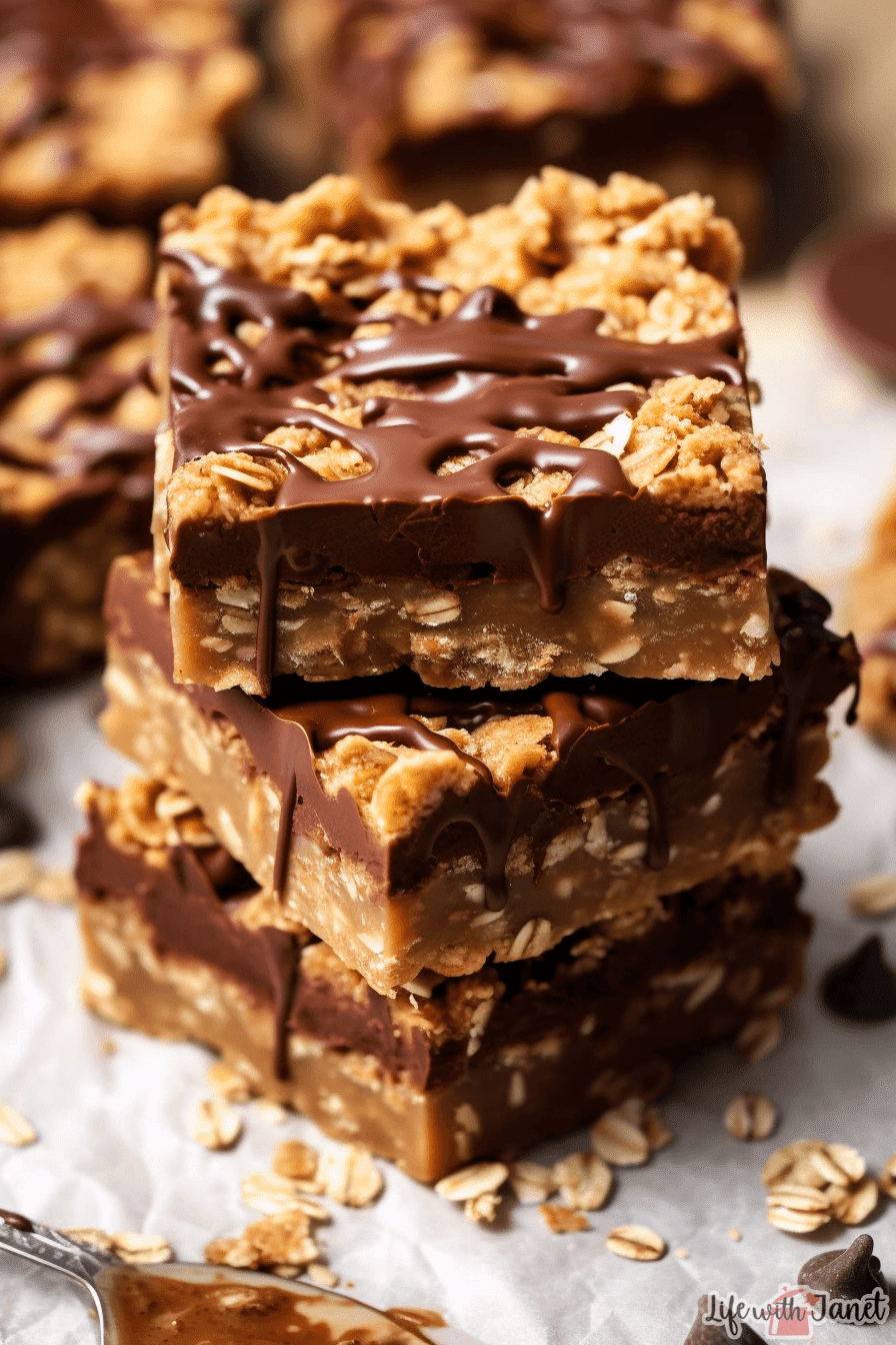 Close-up view of a chocolate oat bar with a glossy chocolate drizzle on top, revealing its dense oat texture.