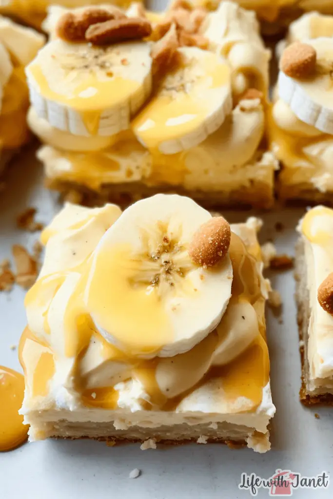 Delicious banana pudding cheesecake squares layered with creamy filling and fresh banana slices on a dessert plate.