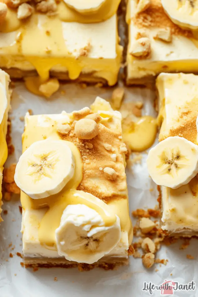 Stack of banana-infused cheesecake squares on a white platter, perfect for dessert lovers.