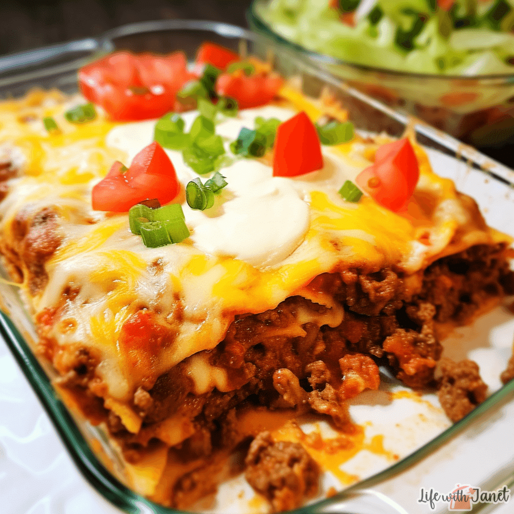 Baked taco lasagna in a casserole dish topped with melted cheese