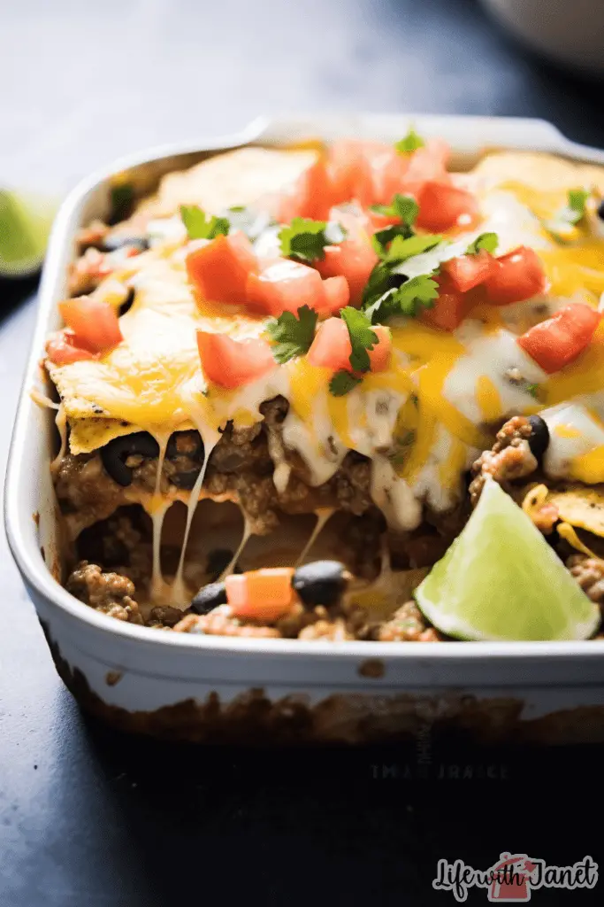Creamy Burrito Casserole, freshly baked and ready to serve, garnished with chopped cilantro.