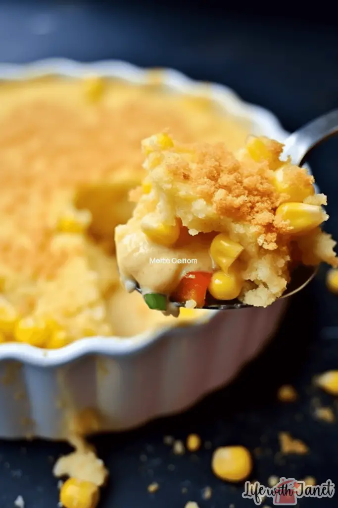 A close-up view of a scoop of Creamy Corn Casserole, revealing its rich texture, colorful bell peppers, and hints of shredded chicken, all sitting on a rustic wooden table.
