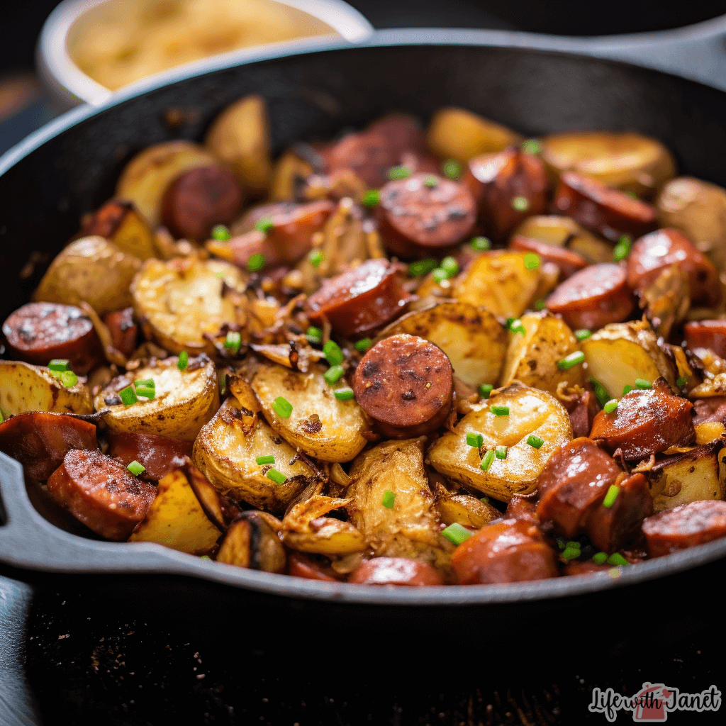 Freshly-baked Fried Potatoes, Onions, and Smoked Polish Sausage on a parchment-lined baking sheet, golden brown and ready to serve.