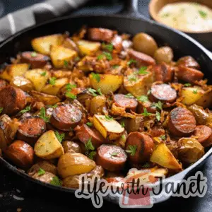 Bowl of ingredients for Fried Potatoes, Onions, and Smoked Polish Sausage recipe, featuring sliced sausage, halved baby red potatoes, and onion wedges.