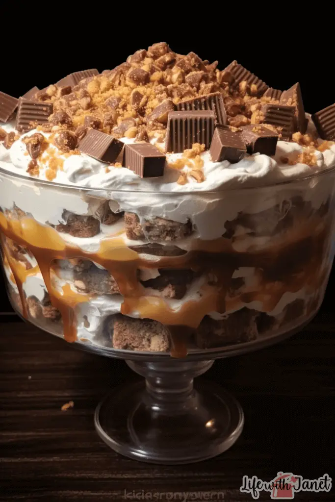 The enticing 'Heaven In A Bowl' dessert vividly displays its scrumptious layers of crumbled brownies, sliced Reese’s cups, and decadent vanilla pudding, elegantly topped with whipped cream, offering a slice of paradise in every bite.