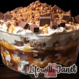 Heaven In A Bowl’ is a sumptuous dessert featuring layers of fudge brownies, Reese’s Miniature cups, and smooth vanilla pudding, crowned with a fluffy whipped topping, reflecting the epitome of sweet indulgence.