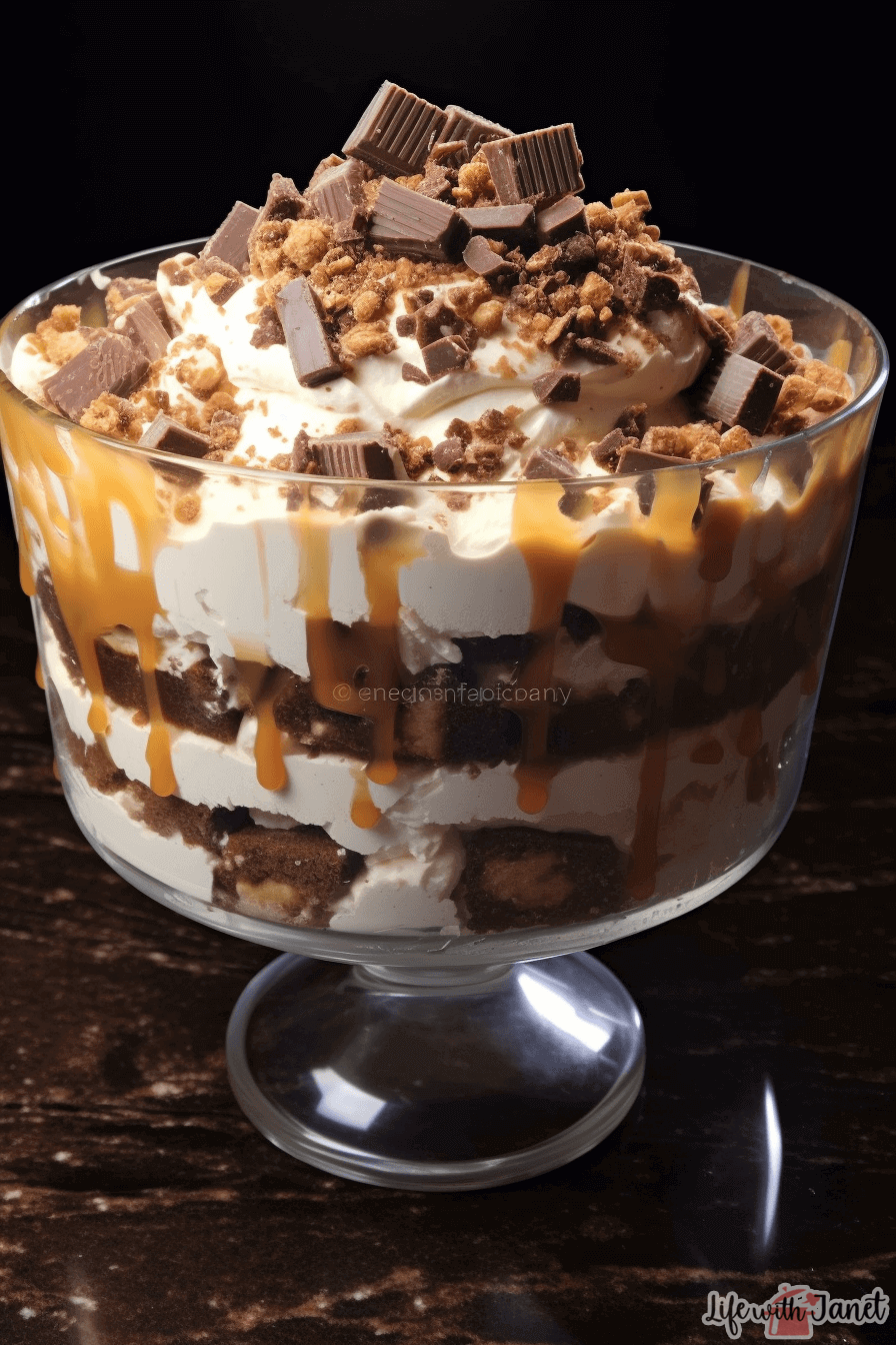 A harmonious blend of textures and flavors is showcased in 'Heaven In A Bowl,' with its alternating layers of rich brownies, creamy peanut butter cups, and velvety pudding, all finished with a luxurious layer of whipped cream.
