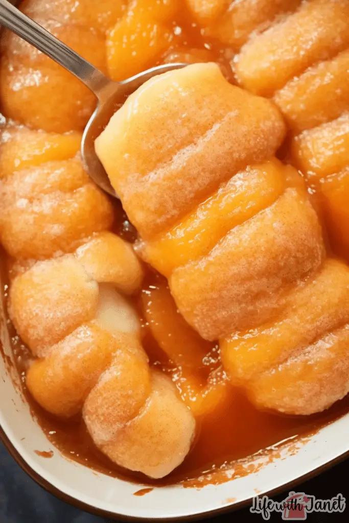 Close-up of a freshly baked peach dumpling sliced open, revealing juicy peach filling and flaky dough layers.