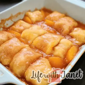 Overhead view of a baking dish filled with rows of peach dumplings