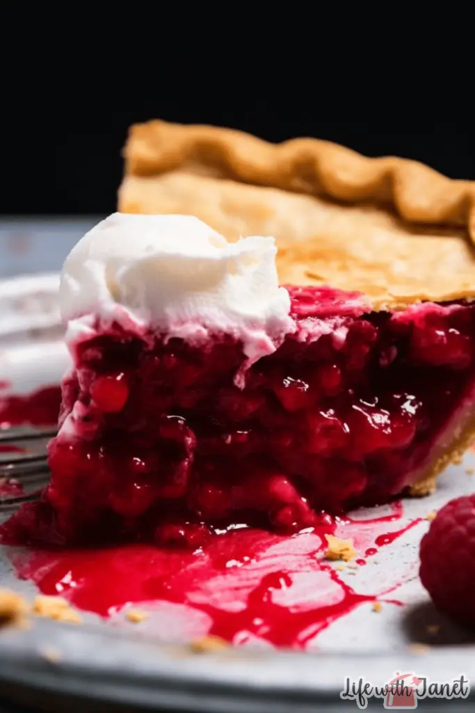 A delectable slice of raspberry pie with a flaky crust, showcasing its rich, juicy raspberry filling, placed on a white ceramic plate.