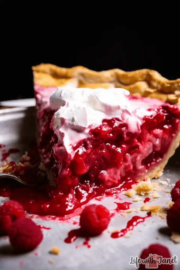 A delectable slice of raspberry pie with a flaky crust, showcasing its rich, juicy raspberry filling, placed on a white ceramic plate.