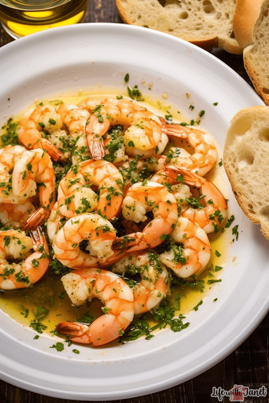 Overhead shot of Red Lobster Shrimp Scampi on a rustic wooden table, garnished with fresh parsley and grated Parmesan, accompanied by white wine and a piece of French bread.