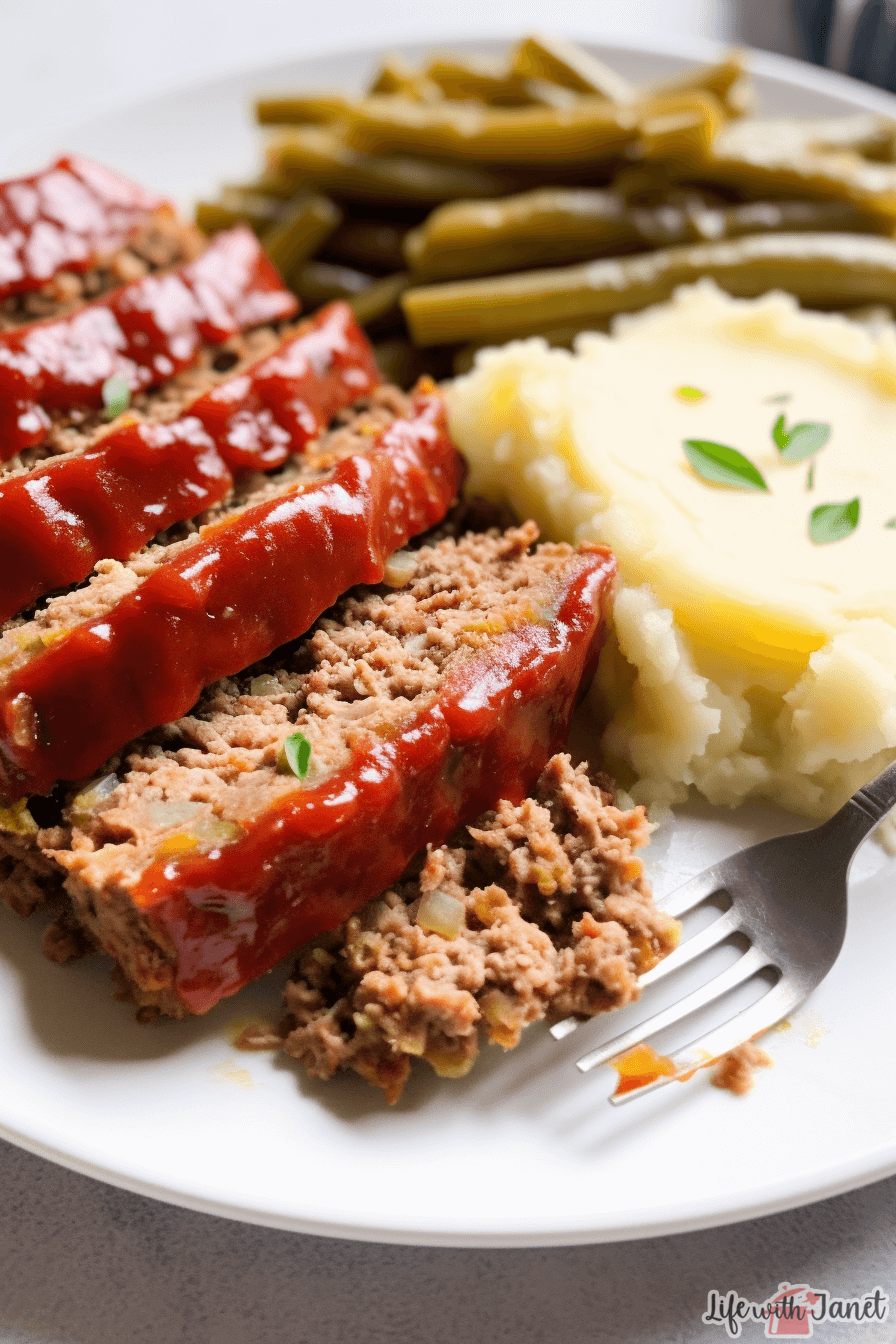 Close-up view of a freshly baked Stove Top Stuffing Meatloaf with a glossy ketchup glaze on top, set on a white platter.