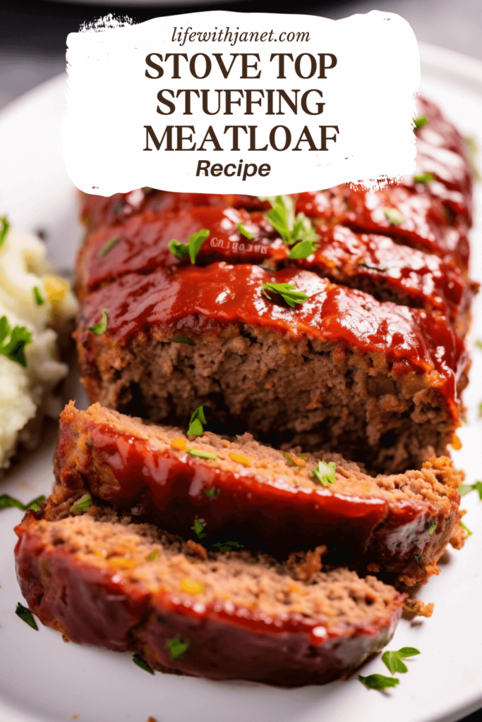 Close-up view of a freshly baked Stove Top Stuffing Meatloaf with a glossy ketchup glaze on top, set on a white platter.