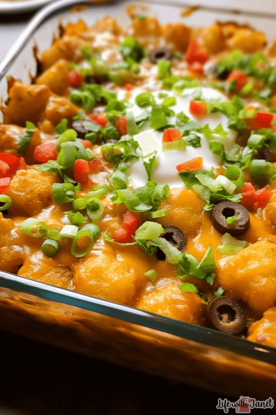 Close-up view of the layered ingredients in the taco tater tot casserole, showcasing the ground beef, beans, and tater tots.