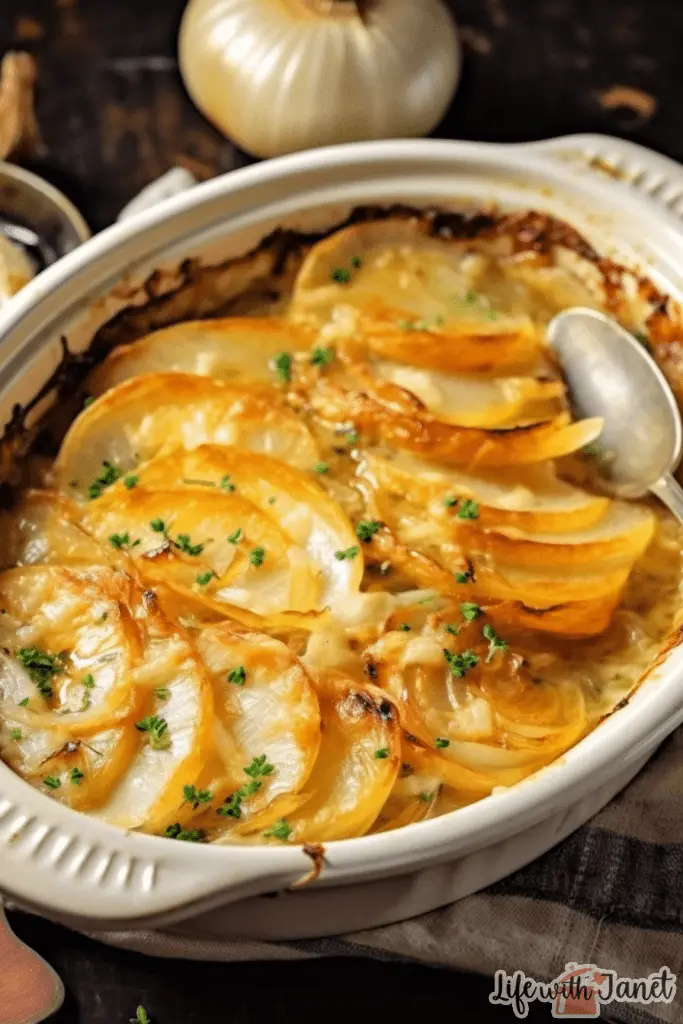 Image of a golden-brown onion casserole, bubbling with melted cheese on top. A scoop reveals layers of sweet Vidalia onions seasoned with herbs, submerged in a rich cheesy sauce, highlighting the traditional Southern comfort food known as Tennessee Onions.