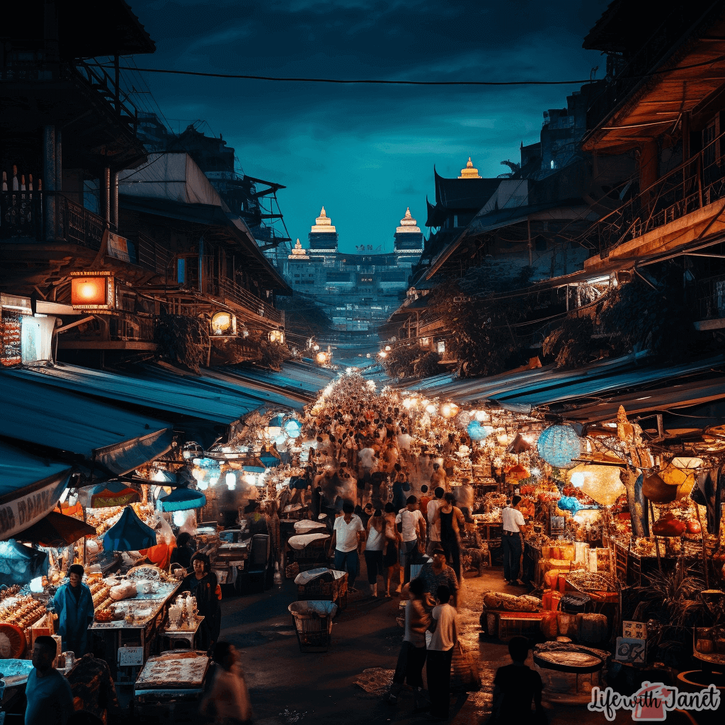A vibrant photo of a bustling street food market from a place like Bangkok or Marrakech. Above or below could be an illustrated or subtle imagery of a safety net, symbolizing the protection travel insurance offers.