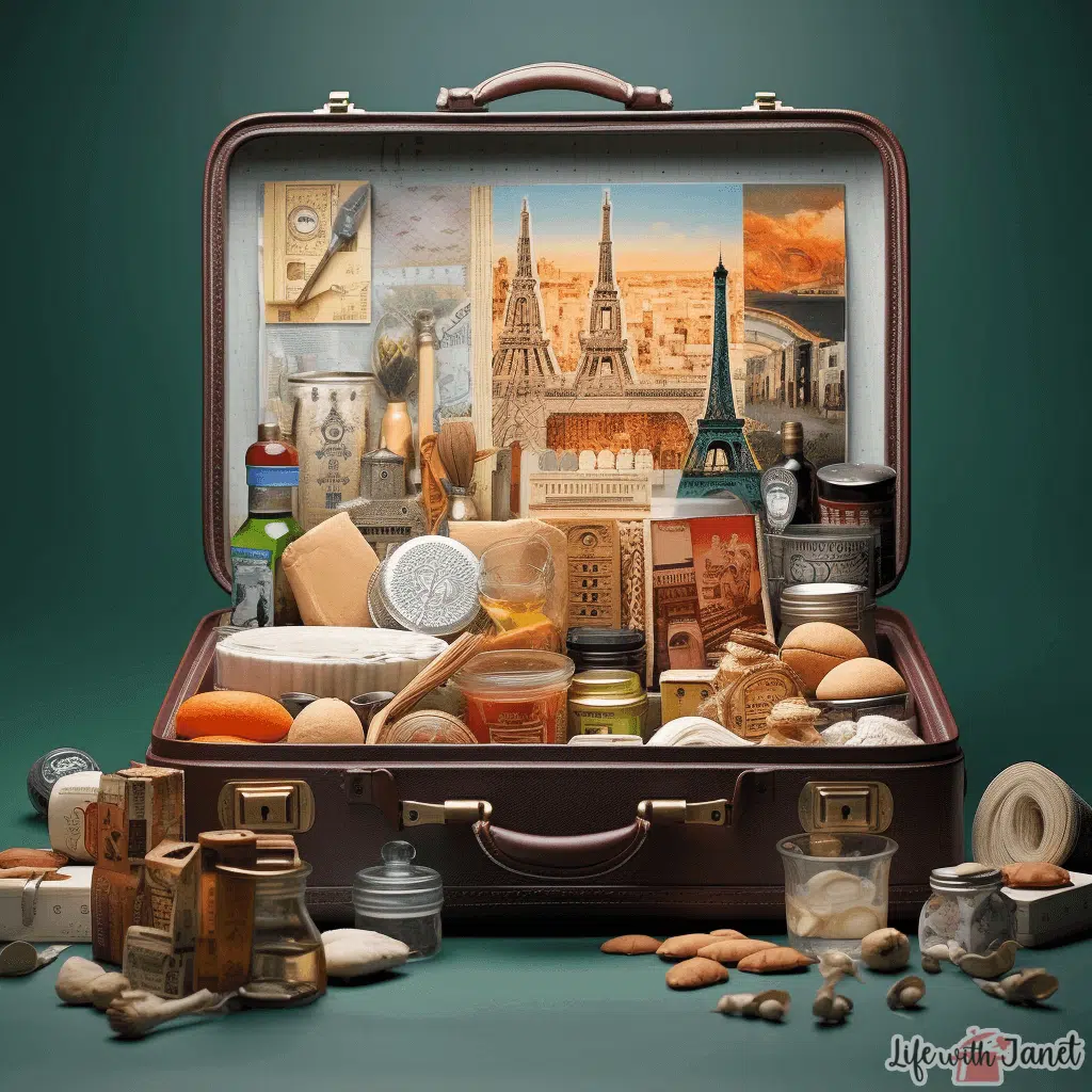 A photograph of an open suitcase on a backdrop of a popular tourist destination (like the Eiffel Tower or the Taj Mahal). Inside the suitcase, along with typical travel items, you could have cooking tools, ingredients, and maybe a rolled-up insurance policy.