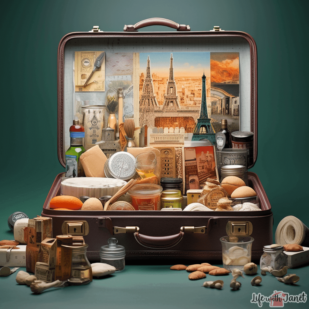 A photograph of an open suitcase on a backdrop of a popular tourist destination (like the Eiffel Tower or the Taj Mahal). Inside the suitcase, along with typical travel items, you could have cooking tools, ingredients, and maybe a rolled-up insurance policy.
