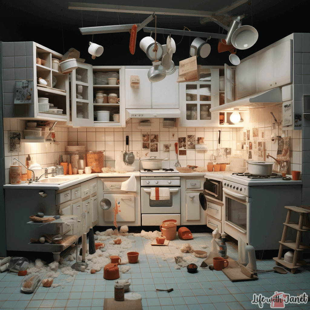 A modern kitchen setting that showcases a series of "mini-scenarios" representing kitchen disasters, all neatly segmented yet connected in one cohesive image. 