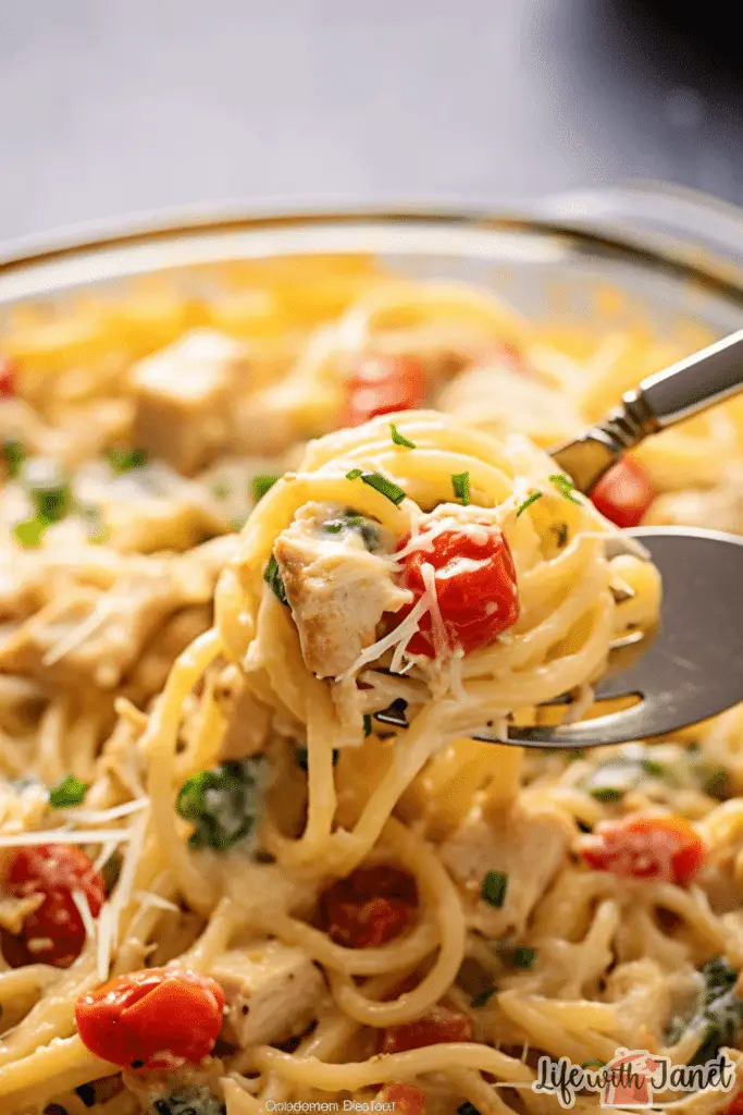 Creamy Chicken Spaghetti Casserole garnished with fresh parsley, ready to serve for dinner.