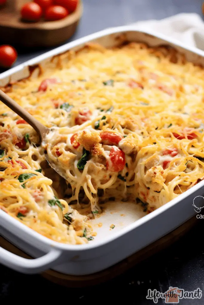 Golden-brown Chicken Spaghetti Casserole served in a white dish with melted cheese on top.