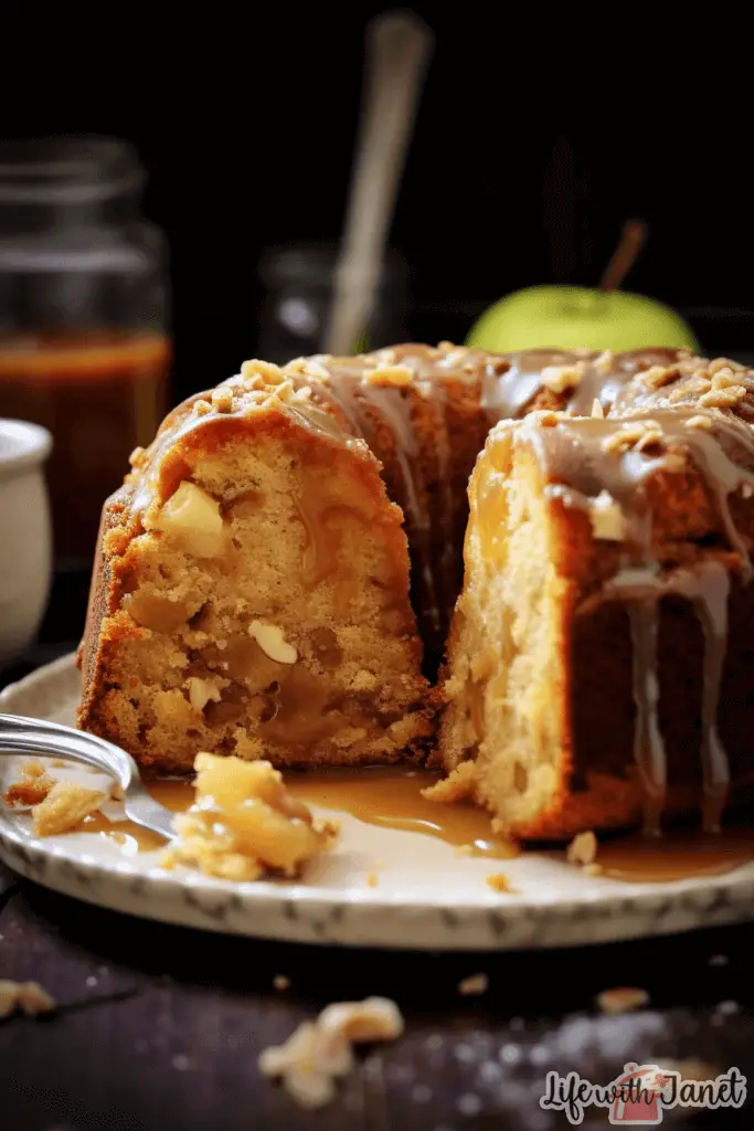 Sliced Apple Bundt Cake revealing its moist interior filled with chunks of Granny Smith apples, displayed on a white platter.


