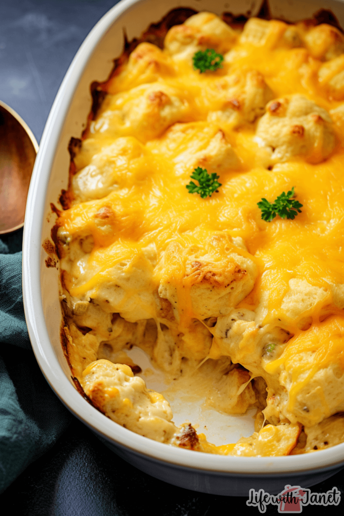 Golden-brown Chicken Biscuit Casserole topped with melted cheese in a baking dish.