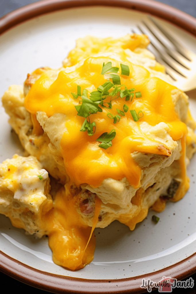 Creamy Chicken Biscuit Casserole dish, perfect for family dinners, with visible chunks of chicken and cheese topping.