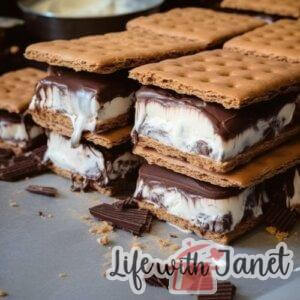 A stack of homemade ice cream sandwiches with chocolate cookie layers and creamy vanilla ice cream.