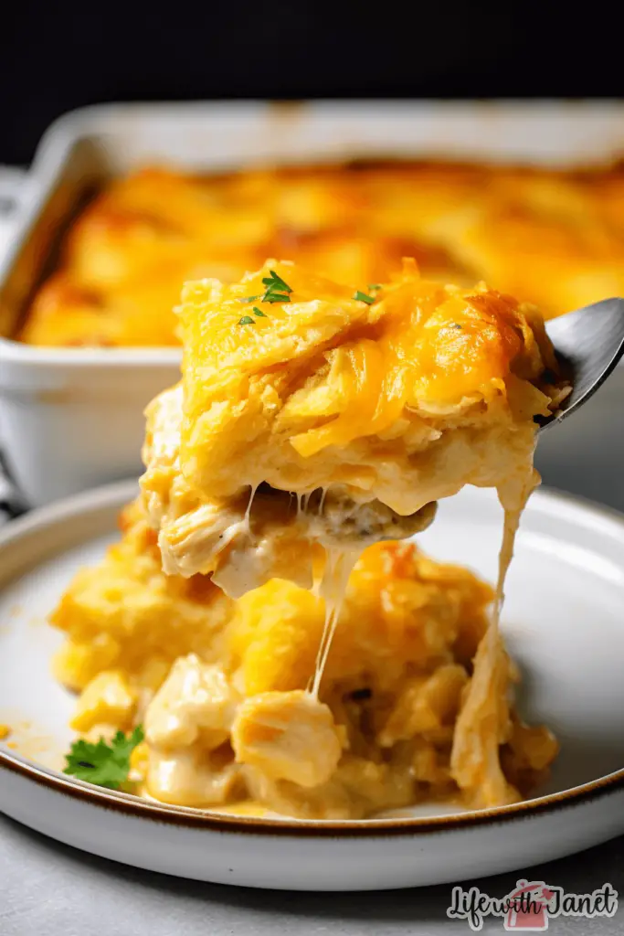 Savory Chicken Biscuit Casserole, oozing with creamy filling and cheese, ready to be served.