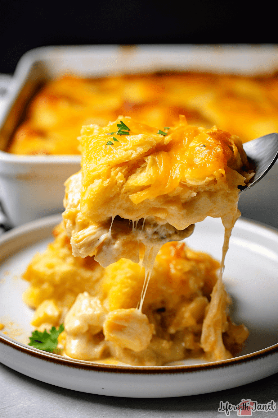 Savory Chicken Biscuit Casserole, oozing with creamy filling and cheese, ready to be served.