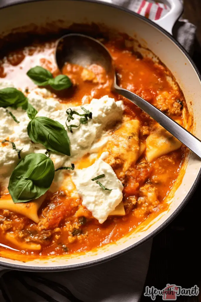 Rustic lasagna soup with gooey mozzarella, ricotta cream, and fresh basil on a weathered table, capturing a homemade essence.