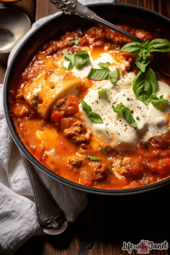 Steamy bowl of one-pot lasagna soup on a wooden table, with chunks of tomato, melted mozzarella, and dollops of ricotta illuminated by soft window light.