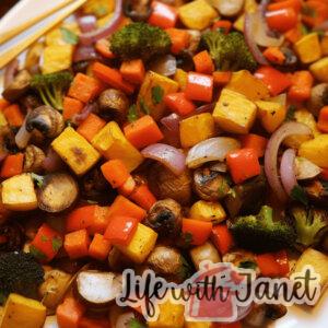 Blurry snapshot of roasted veggies highlighting the authenticity of home cooking with an off-center composition.