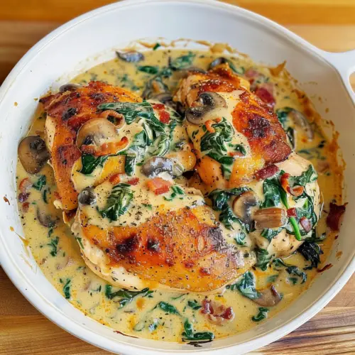 Smothered Chicken with Creamed Spinach, Bacon, and Mushrooms