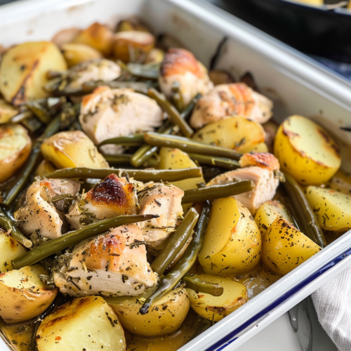 one pan chicken green beans potatoes italian dressing Chicken, Potatoes, and Beans in Italian Dressing