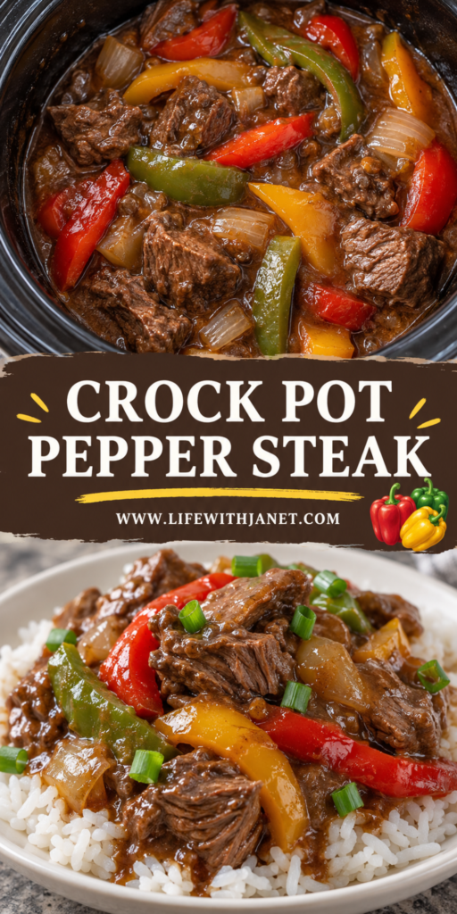 This easy Crock Pot Pepper Steak is a hearty, wholesome dinner that practically makes itself! Tender strips of beef slow-cooked with colorful bell peppers, onions, and a rich, savory sauce — then served over fluffy white rice. This one is a total crowd-pleaser and a guaranteed weeknight winner!
