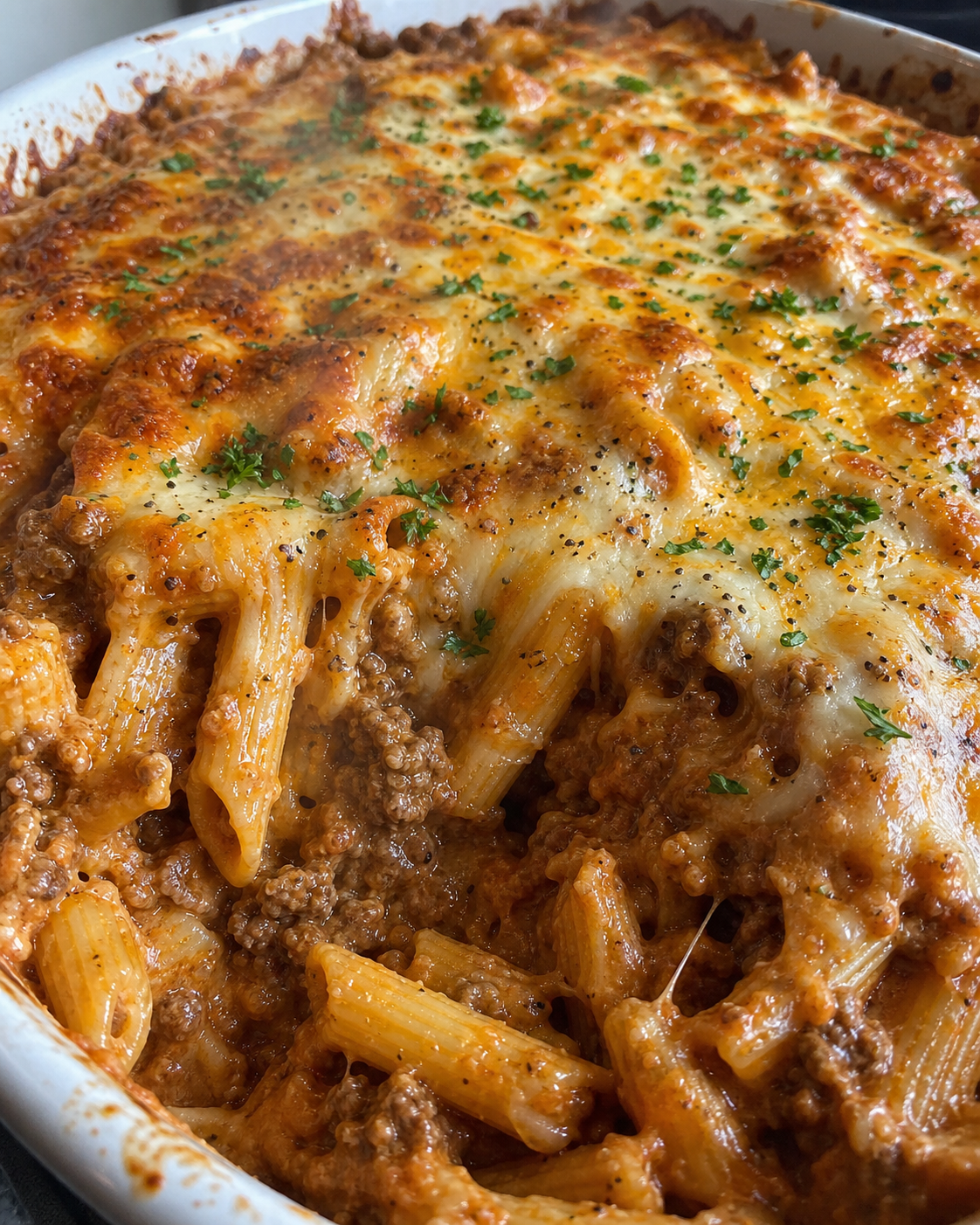 Cheesy Baked Creamy Beef Pasta