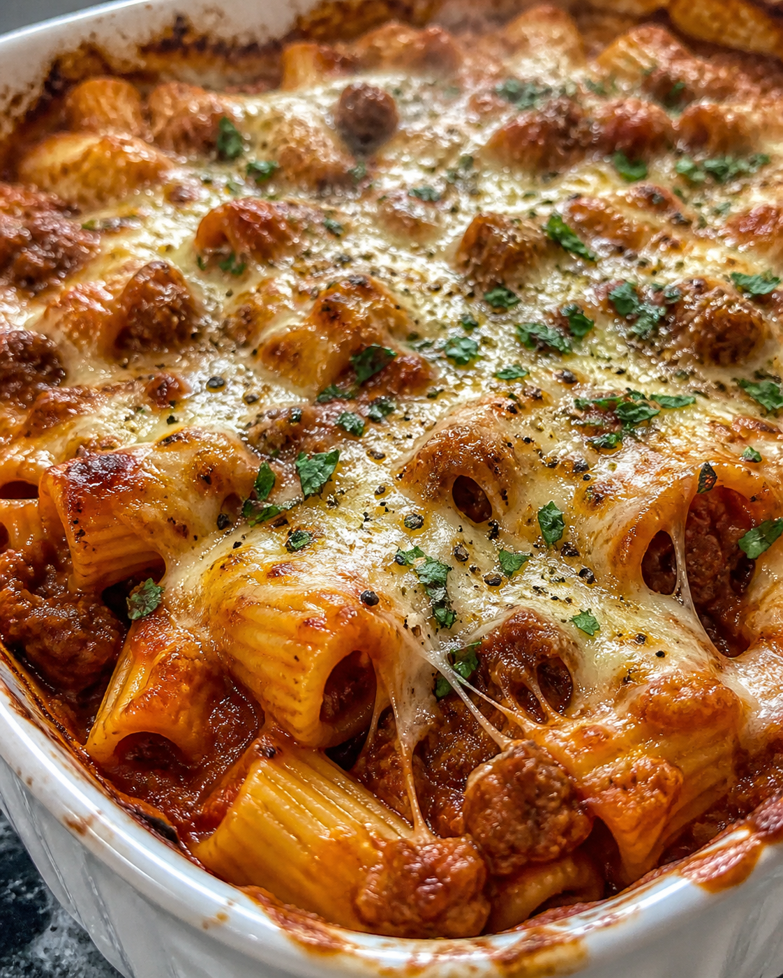 Cheesy Baked Creamy Beef Pasta