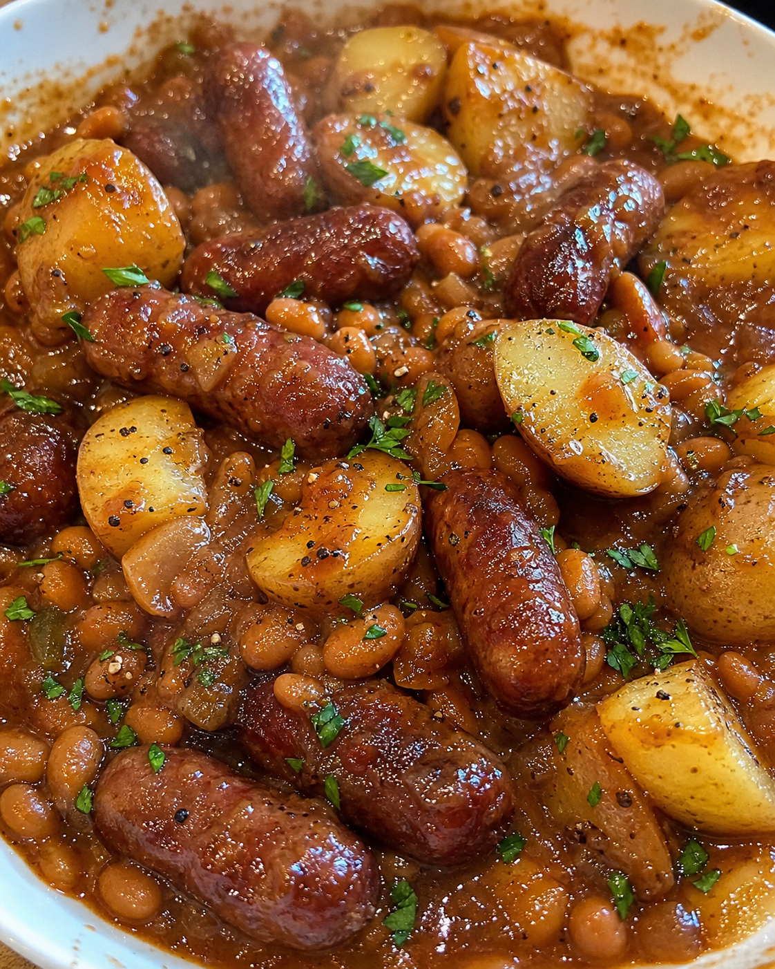 Crockpot Smokies with Beans and Potatoes