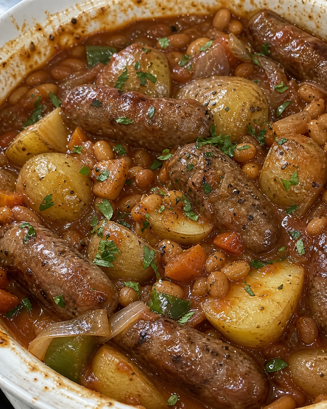 Crockpot Smokies with Beans and Potatoes
