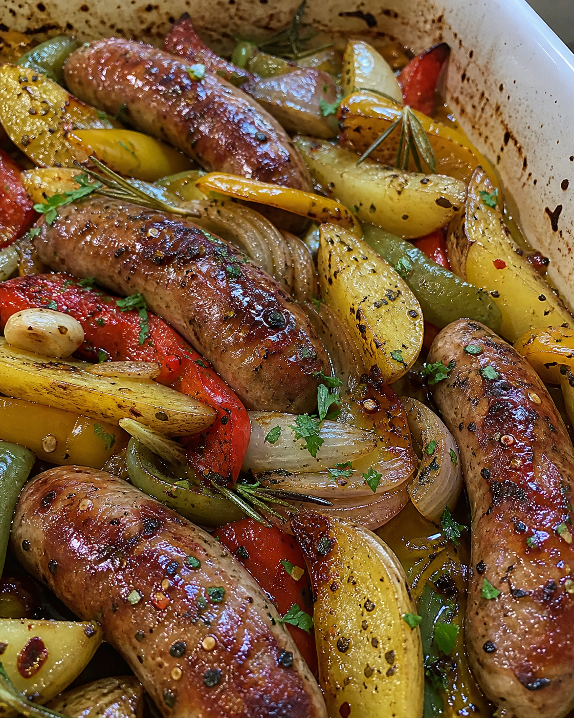 Sausages with Oven-Roasted Potatoes and Peppers