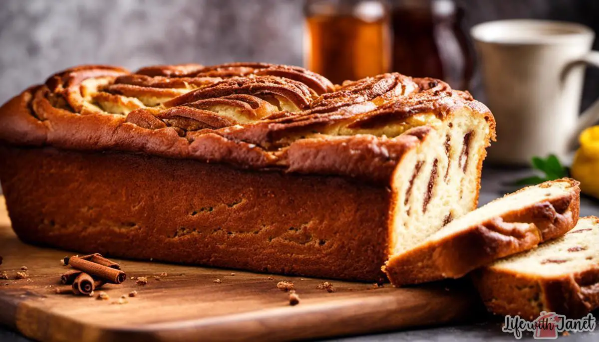 Image of a freshly baked Amish Cinnamon Bread loaf with a golden crust and cinnamon swirls.